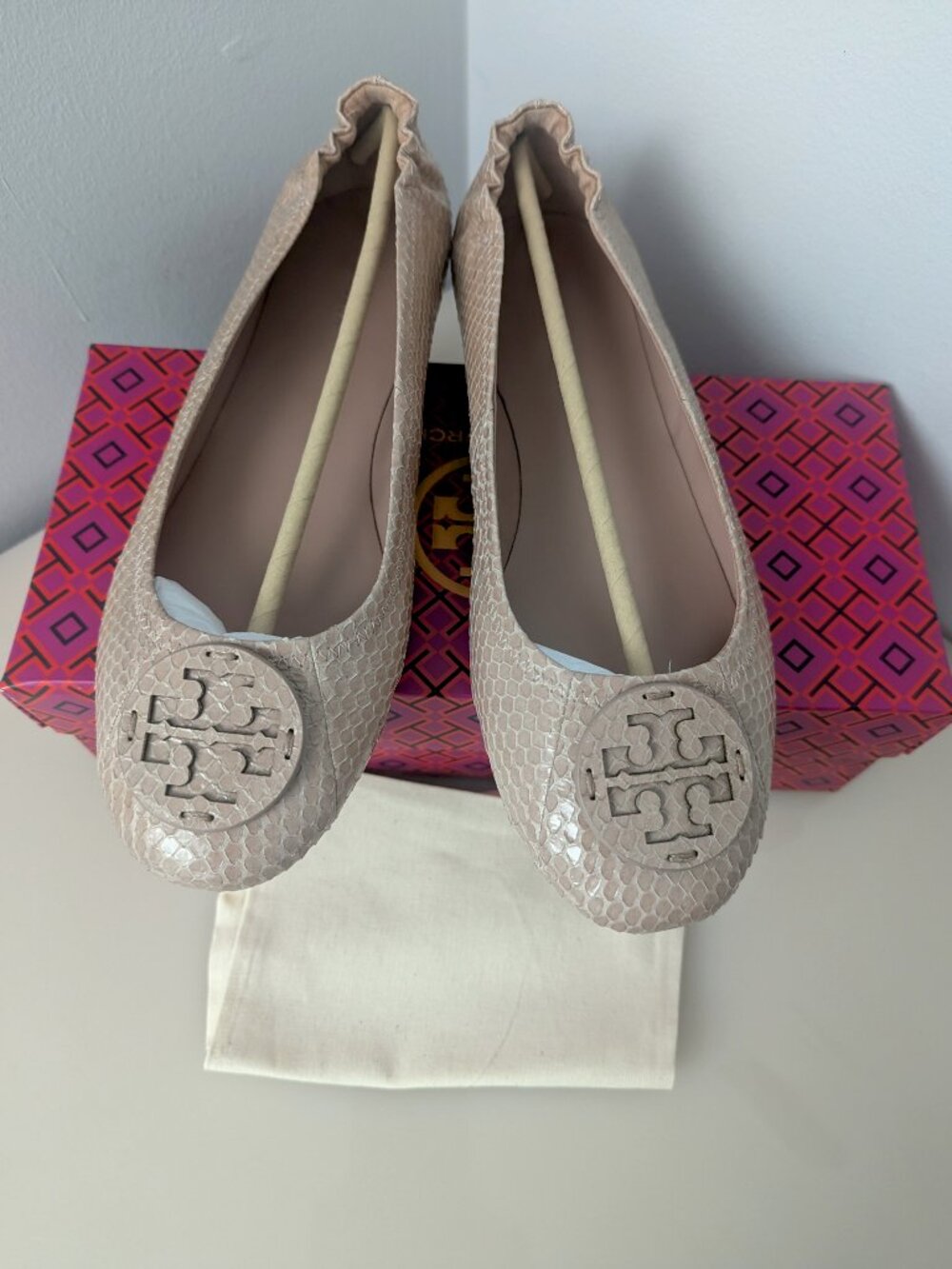 Tory Burch $228 Minnie Travel Ballet Flats Snake Embossed MANY SIZES Meadowsweet - Picture 2 of 15